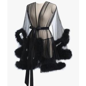Robes For Women Tulle Robe with Faux Fur Trim, Sexy,Soft and Comfortable,Perfect for Spa Nights and Maternity Photoshoot Large
