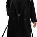 WOWULOVELY Women's Winter Double Breasted Wool Coat Long Sleeve Notched Collar Trench Long Oversized Button Down Overcoats (Large, Black)