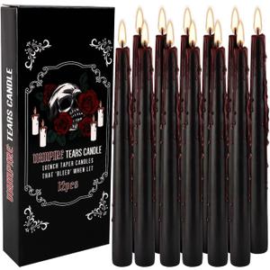 12PCS 10-Inch Black Bleeding Taper Candles,Vampire Tears Taper Candles- Unscented Ideal for Halloween, Christmas, Rituals, and Themed Party Decor