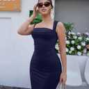 Women's Elegant Sleeveless Square Neck Bodycon Ruched Long Evening Party Dress (Blue)