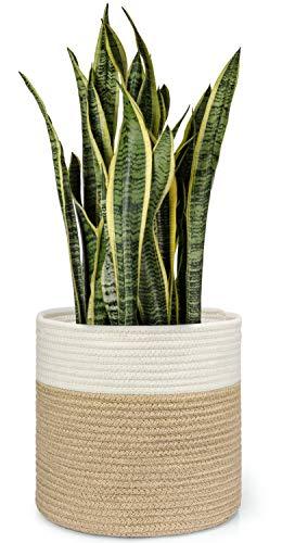 Dahey Jute Spliced Cotton Rope Plant Basket Modern Woven Storage Basket for 10.5" Floor Indoor Planter, Decorative Flower Pots Cover Laundry Bin with Handle Rustic Home Decor, White and Beige