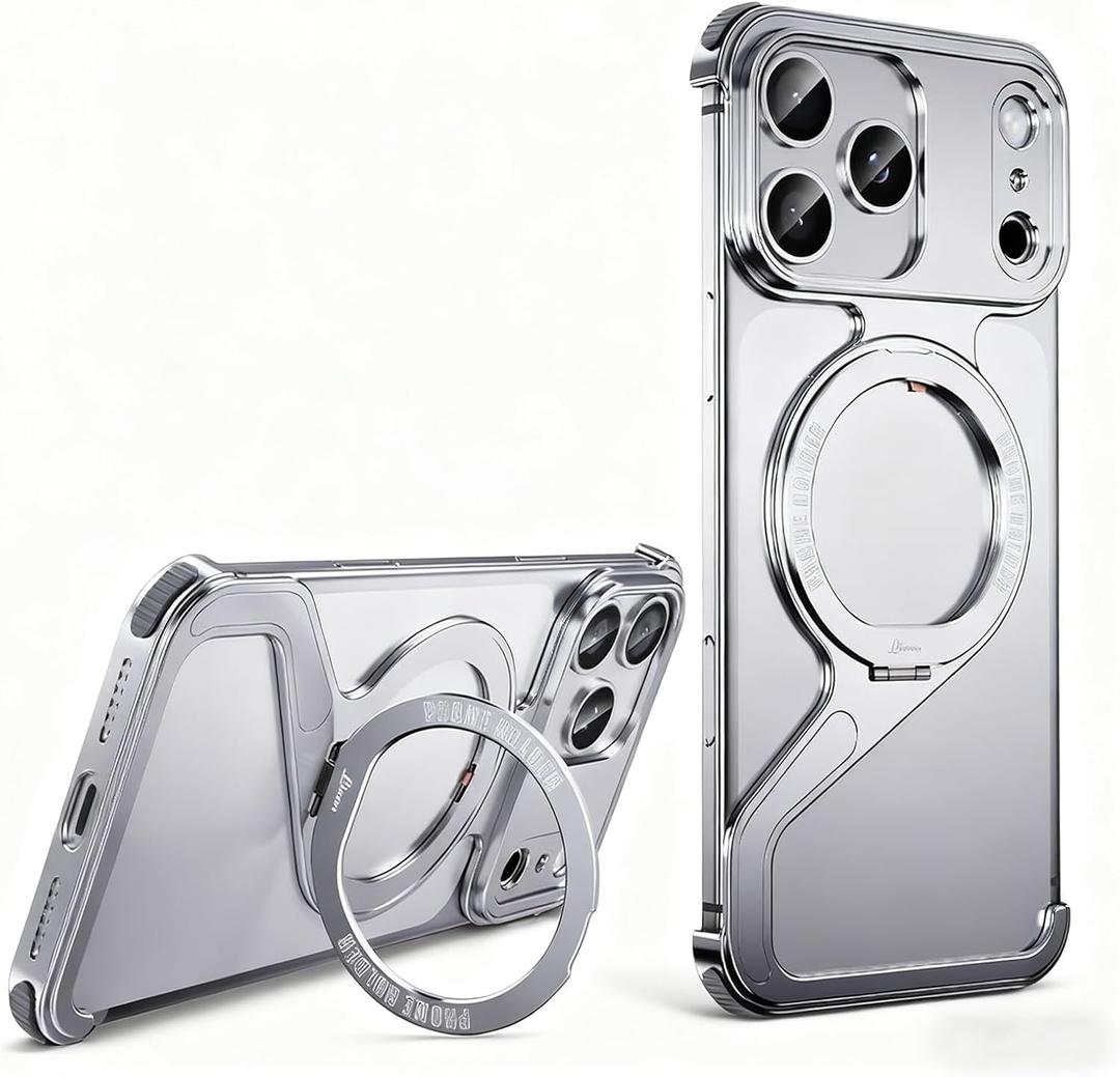HUHUCASE for iPhone 17/16/15/14/13promax Mobile Phone Case Creative Skeleton Z-Shaped Anti-Fall Heat Dissipation Metal Frameless Magnetic Bracket (Silver,iPhone 16 Pro)