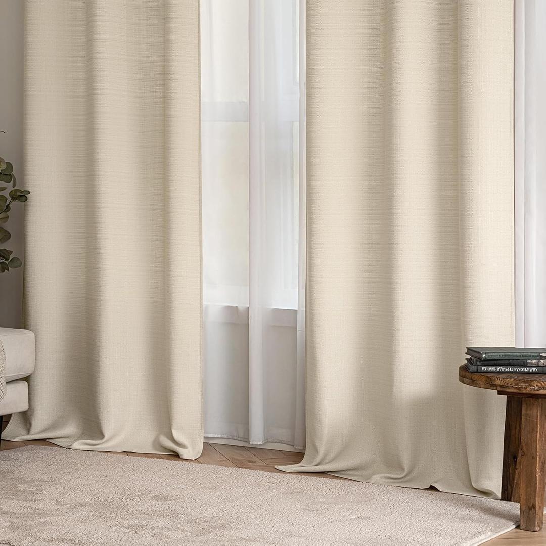 Cream Beige Curtains 84 Inch Length 2 Panels Set for Living Room Bedroom Privacy Polyester Textured Farmhouse Faux Linen Look Ivory Semi Sheer Grommet Top Light Filtering Window Drapes, W64xL84