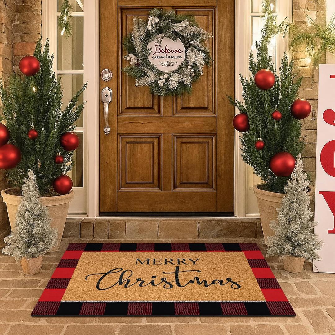 Duraaamo 2 Pcs Christmas Doormat Merry Christ Non Slip Outdoor Rug Xmas Welcome Layered Buffalo Floor Mats for Front Porch Entryway(Red Black,Plaid)