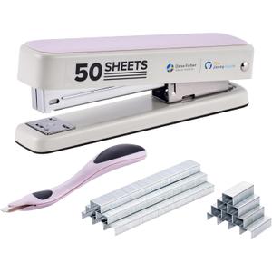 Bostitch Titan Heavy Duty Metal Stapler, 50 Sheet Capacity with 1250 Staples and Ergonomic Staple Remover, Jam Free Stapling, Full Strip Stapler for Desk, Office and Classroom, Pink & White