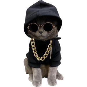 QWINEE 3Pcs Dog Hoodie Cat Apparel Dog Custume Set with Necklace and Sunglasses Pet Clothes for Dogs Cats L