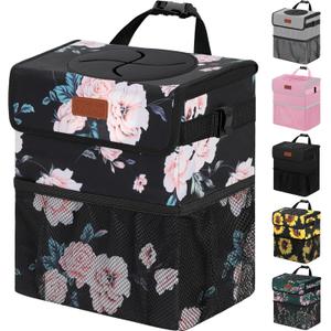 3 Gallons Car Trash Can with Lid, Car Bag Bin Hanging Waterproof Automotive Garbage Cans Leak Proof Vehicle Trash Can Black Floral
