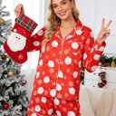 MYHALF Christmas Santa Pajama Set Women Christmas Pajamas Xmas Long Sleeve Sleepwear 2 Piece Button Down Pjs Lounge Set (Large)