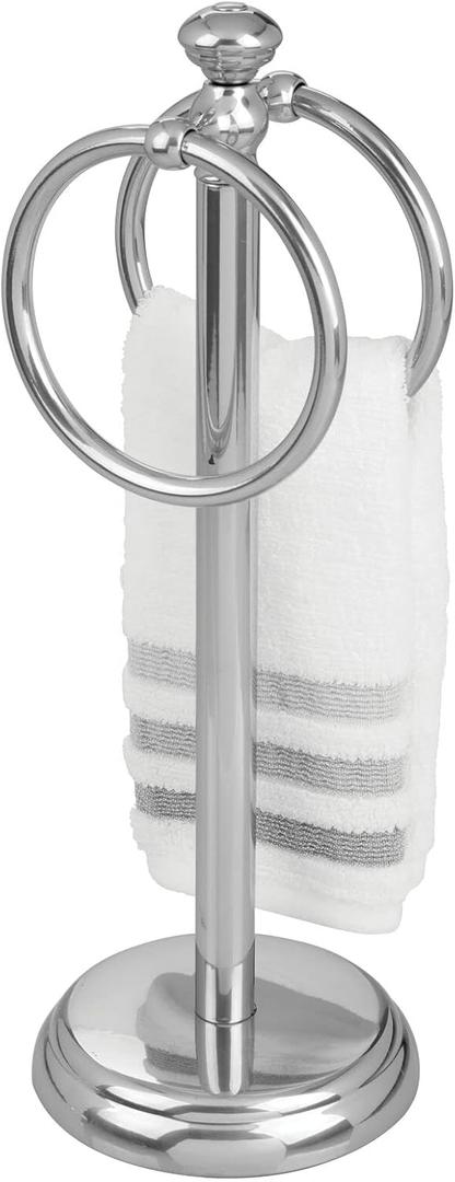 mDesign Steel Towel Rack Holder Stand with 2 Hanging Rings for Bathroom Vanity Countertops - Space Saving Hand Towel Holder - Hyde Collection - Chrome