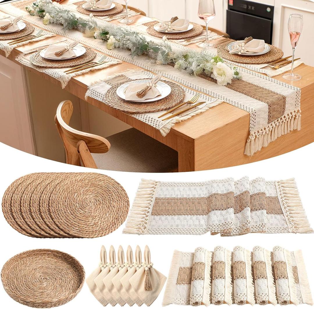 6 Sets Boho Placemats: Round Woven, Rectangular Boho, Wooden Bead Napkin Rings, Cloth Napkins, Long Table Runner & Storage Basket - Natural Burlap Cotton for Kitchen Dining Table Home