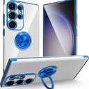 Designed for Samsung Galaxy S23 Ultra Case with Stand, Ring Holder Kickstand, Support Magnetic Car Mounts, Soft TPU Bumper, Non-Yellowing Anti-Scratch Anti-Fingerprint, Clear and Blue