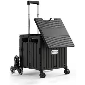 Foldable Shopping Cart with Stair Climbing Wheels, Collapsible Utility Crate on Wheels with Telescoping Handle, Portable Rolling Grocery Trolley for Groceries, Books, Tools, Teachers (Black, 8 Wheels)