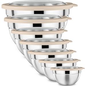 P&P CHEF Mixing Bowl with Lid Set of 7, Stainless Steel Nesting Salad Bowls for Cooking Serving Prepping, Clear Lids & Stackable Design, Size 4.6, 3.5, 3, 2, 1.5, 1, 0.7 Qt - Khaki