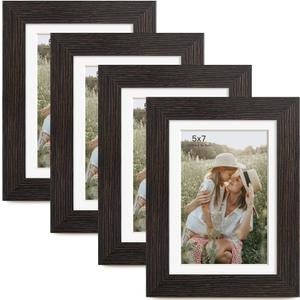 5x7 Picture Frame with Mat for 4x6, Distressed Black Wood Grain 5 x 7 Gallery Wall Picture Frames for Tabletop or Wall Mounting(4 Pack, Black) (5x7 - 4 pack)