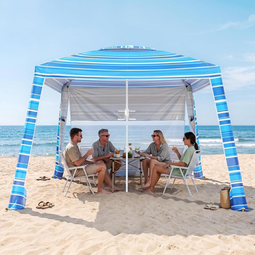 8'x8' Beach Cabana, UPF 50+ Large Beach Canopy with Side Wall, Easy Setup Pop Up Sun Shelter, Adjustable Height & Wind Resistant Beach Tent for 4-6 Person Family, Light Blue