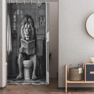 JAWO Funny Shower Curtain Farmhouse Cool Lion Shower Curtains for Bathroom Grey Humor Animal Reading on Toilet Curtains, Western Country Large Cat Bathroom Curtain Polyester Fabric Set Hooks 70X60