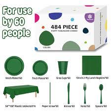 484 Pcs Plastic Dinnerware Set Includes 60 Of Each 9" Dinner Plates |7" Dessert Plates|12 oz Plastic Cups | Napkins|Straws|Spoons, Forks & Knives (Green, 484PCS（60 Guests）)