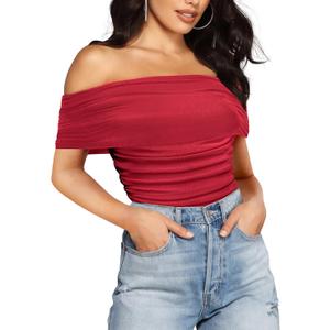 SAUNGKUAI Women's Short Sleeve Bodysuit Off the Shoulder Mesh Ruched One Piece Body Suits Summer Outfits (X-Large, Red)