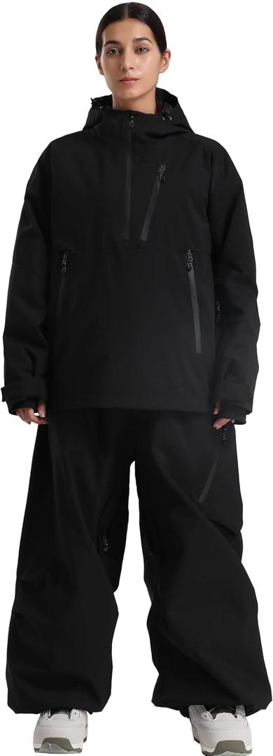 GSOU SNOW Women's Ski Jacket and Pants Set Baggy Snowboard Jacket Snow Suit Waterproof Windproof Hooded Coat (Black)