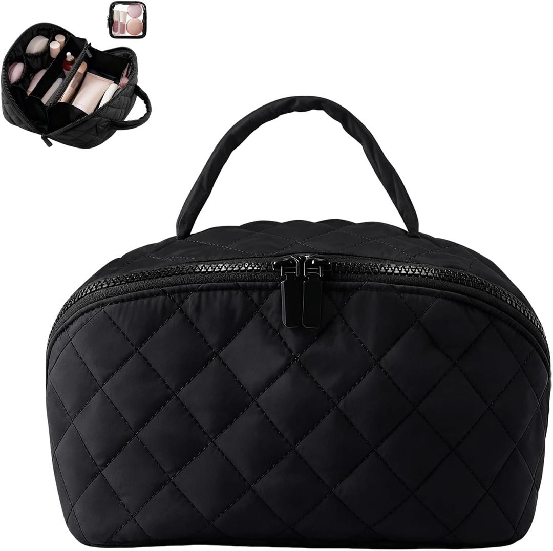 Travel Makeup Bag for Woman, Puffy Padded Quilted Makeup Bag, Lay Flat Makeup Bag, Large Capacity Pouch Open Flat Small Toiletry Bag with Brush Compartment & Handle (Black)