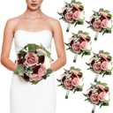 Set of 6 Dusty Pink & Burgundy Artificial Bridesmaid Bouquets, 11 Inch Round Wedding Decorations