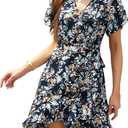 Womens Wrap V Neck Short Sleeve Dress 2025 Summer Floral Boho Dress Ruffle A Line Flowy High Low Midi Dresses (Blue, L)