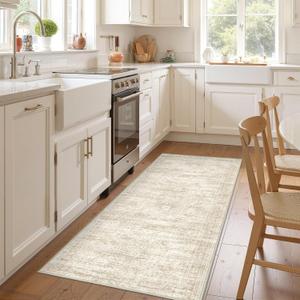 3x8 Runner Rug Non Slip Washable for Entryway, Vintage Hallway Runner for Front Porch, Laundry Room, Bedroom, Abstract Stain Resistant Thin Indoor Kitchen Mats for Floor(3'x8', Beige/Ivory)