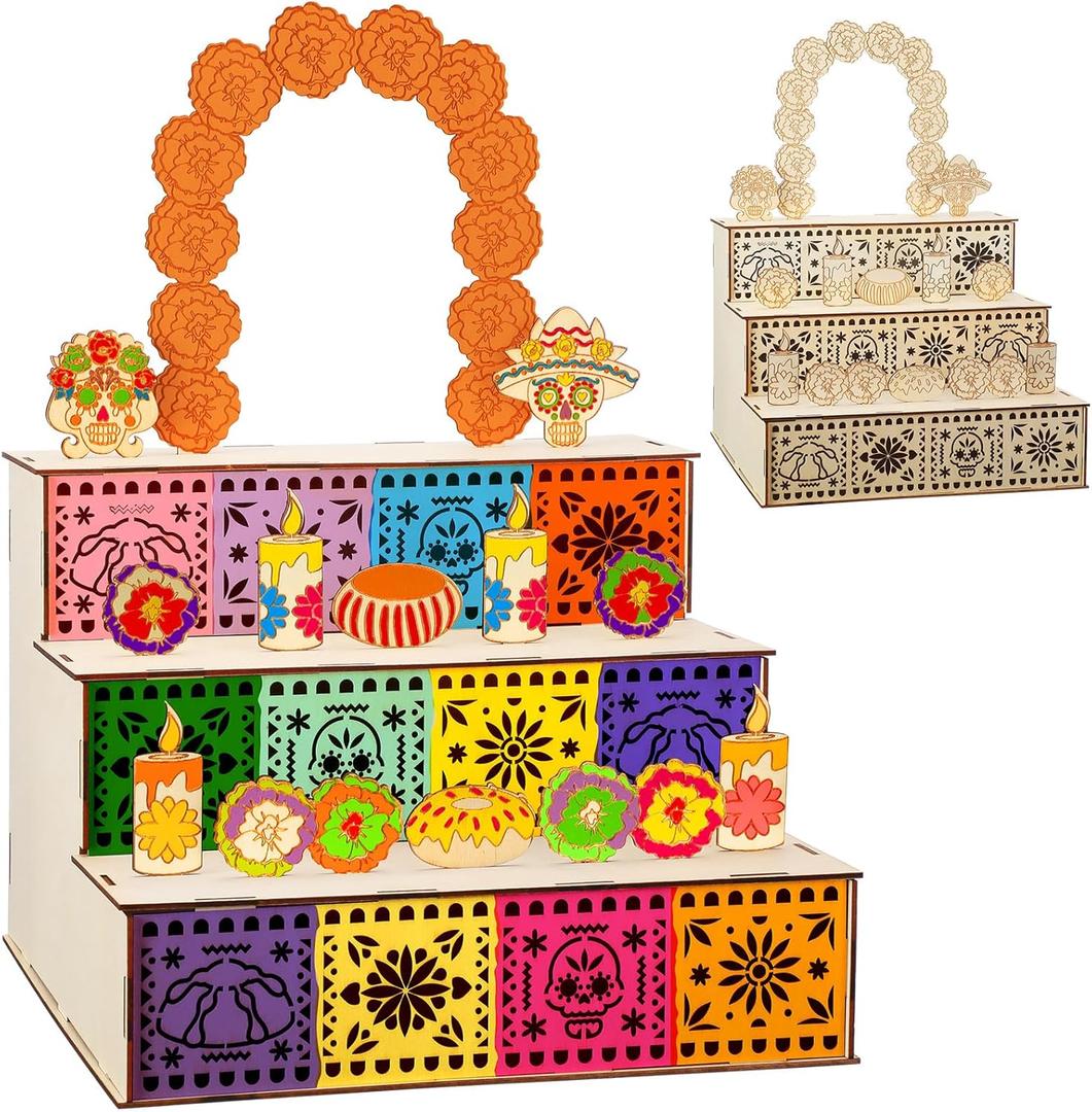 Dia De Los Muertos Decoration Dia De Los Muertos Ofrenda Altar Kit Wooden Day of The Dead Shadow Box Remembrance Picture Frame for Day of The Dead Home Kitchen Room Decoration(Elegant)
