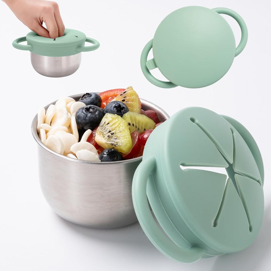 1 Pack Snack Containers for Toddlers, Stainless Steel Toddler Snack Cups with Silicone Food Catcher & Lids,Snack Cups for toddlers Spill Proof (Matte Green)