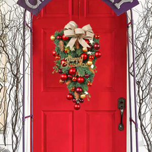 Xmas Wreaths for Front Door Decoration Christmas Party Art Decor Supplies Christmas Ball Pinecones Tree Wreath Hanging Red Green Outdoor Indoor Winter Holiday Orange