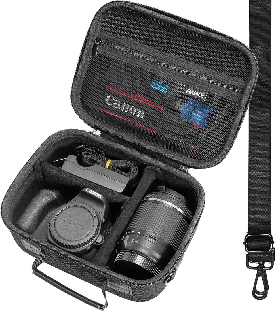 RAIACE Hard Carrying Case Compatible with Canon EOS Rebel T7 / R100 / R50, for Sony, for Nikon Camera, Protective Case with Mesh Pocket for Charger, Cables, Cards and Accessories. (case only)- Black