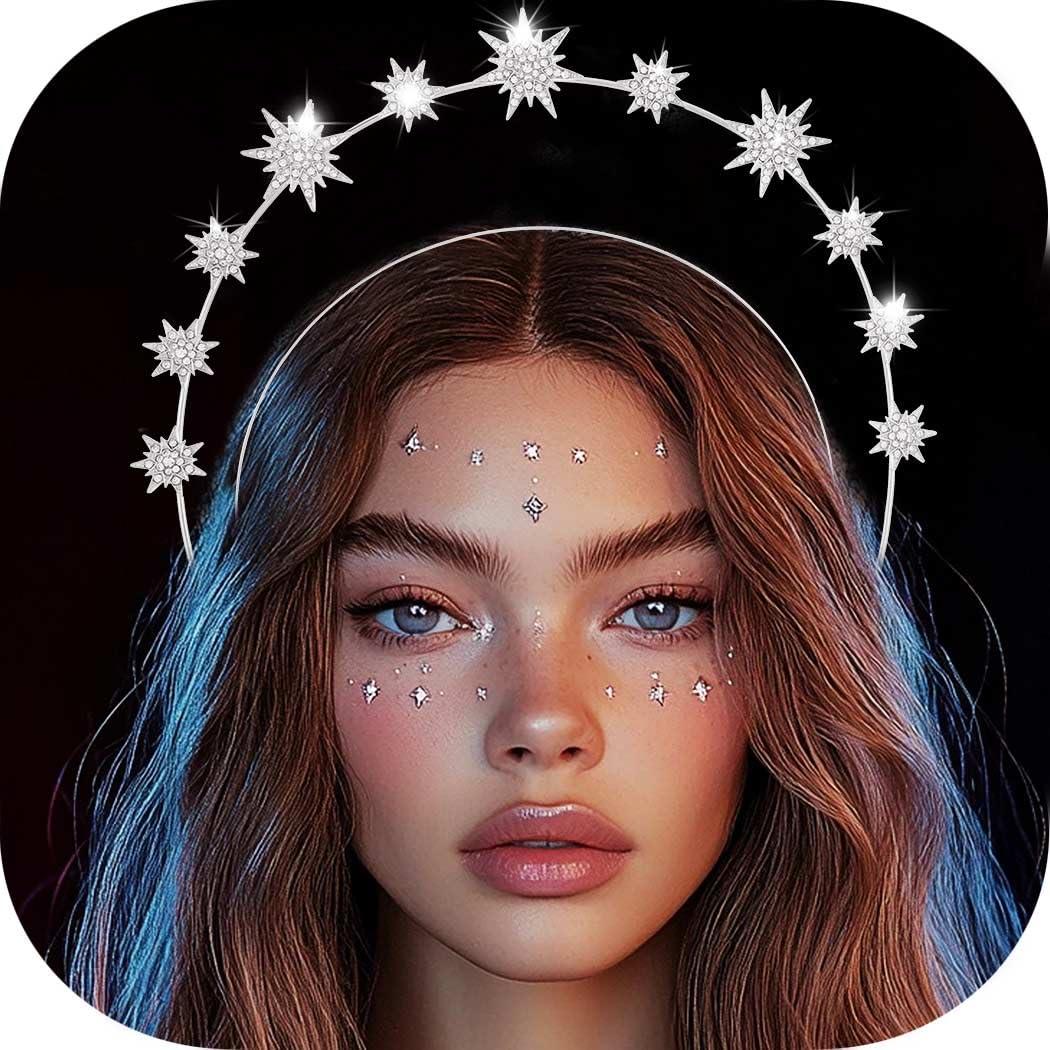 CAKURE Star Halo Headband Silver Rhinestone Goddess Headpiece Metal Mary Celestial Headpiece Bride Wedding Hair Accessories for Women