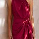 PRETTYGARDEN Women's Short Formal Satin Dress Summer Sleeveless Mock Neck Tie Waist Cocktail Party Dresses (Red, L)