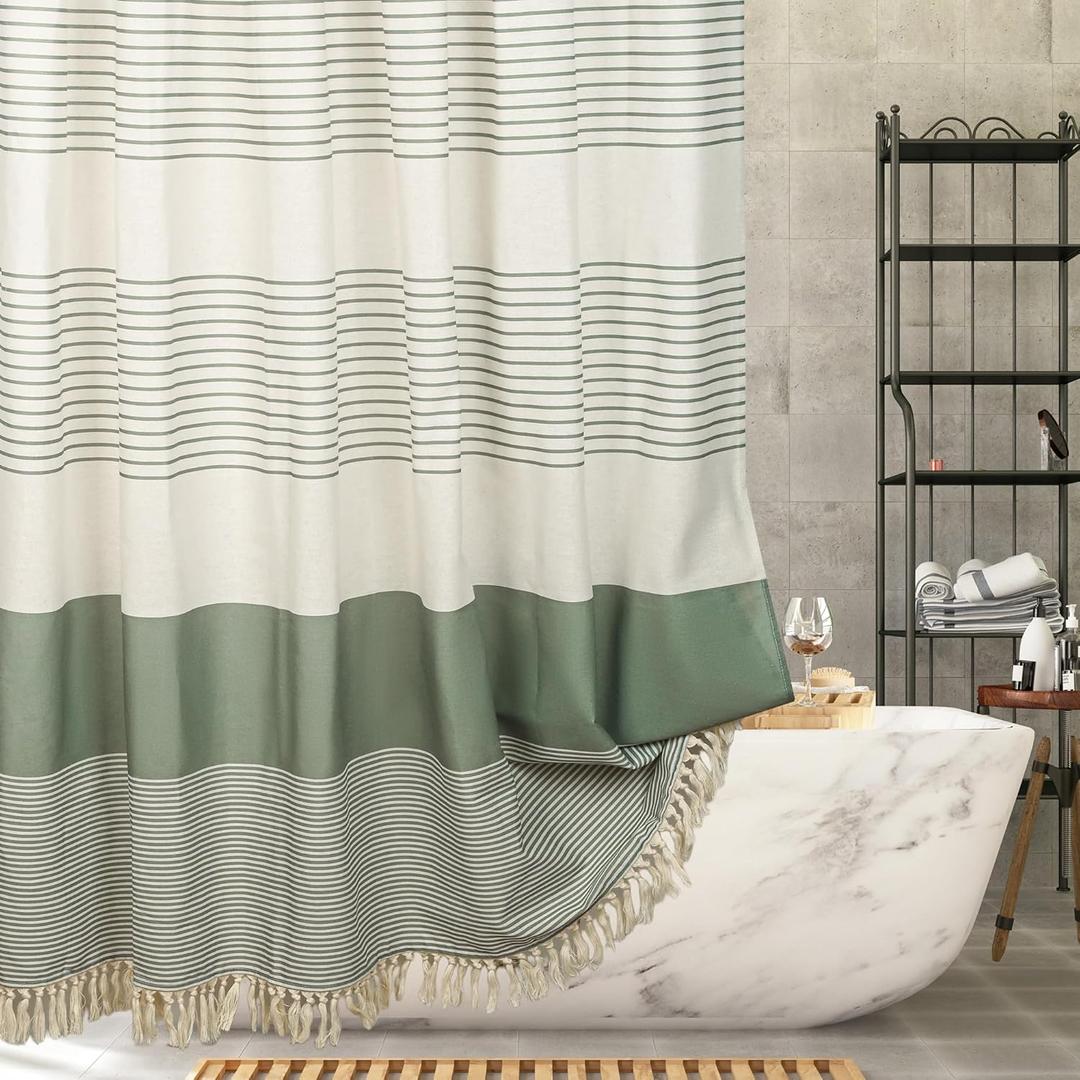 Green Linen Look Shower Curtain  Rustic Boho Farmhouse Style for Bathroom Decor, Waterproof & Wrinkle-Resistant Fabric, 72"x84" with 12 Hooks