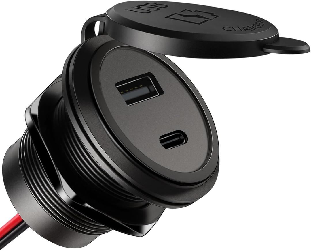 Acegoo 12V USB Outlet 30W PD Type-C & 18W QC3.0 Aluminum Car Charger Waterproof Dual Port Fast Charging Socket Cigarette Lighter Replacement Accessories for RV Camper Trailer Truck Boat Golf (1 PCS)