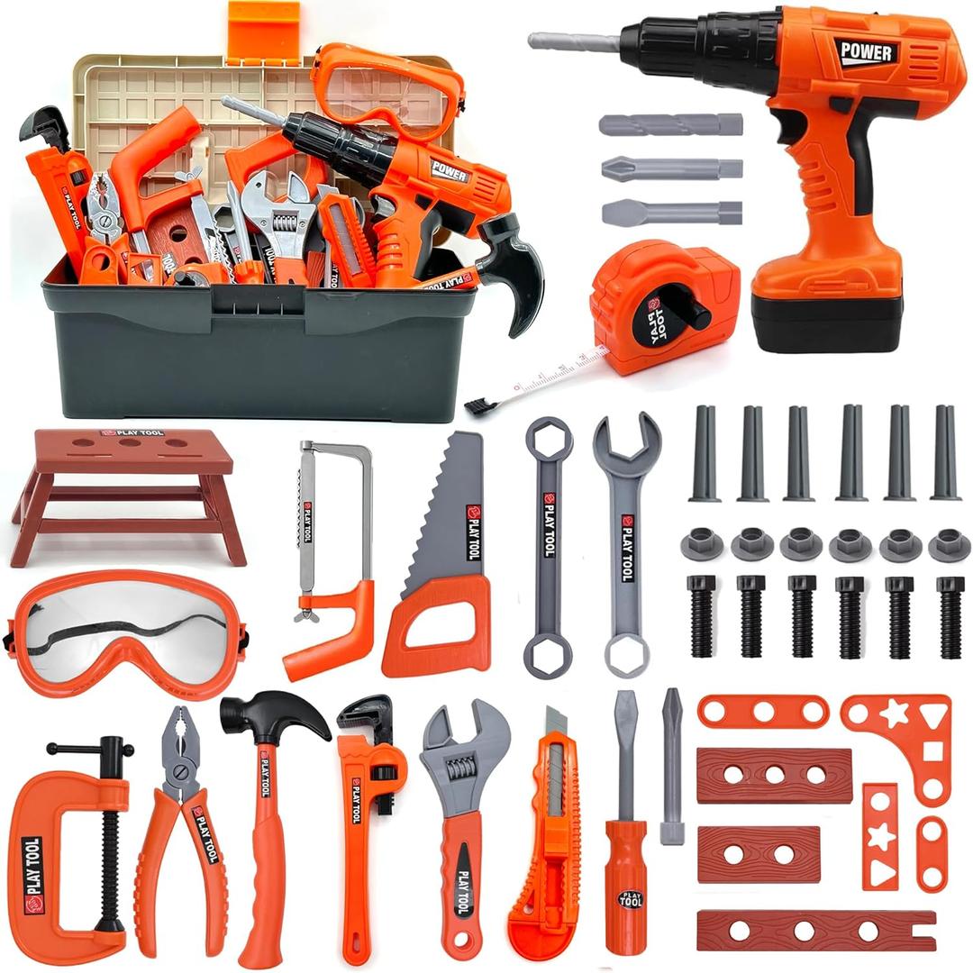 Kids Tool Set  48 Piece Toddler Tool Set with Electronic Toy Drill& Tool Box,Pretend Play Kids Toys,Construction Kits Toys for Kids Ages 3 4 5 Years Old, Toddler Boy (Orange)