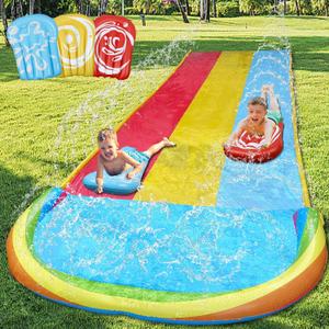 MorTime 22.5ft Slip Water Slide with Sprinklers, Slip and Slide with 3 Inflatable Bodyboards and Splash Pool Waterslide Backyard Lawn Outdoor Water Toy