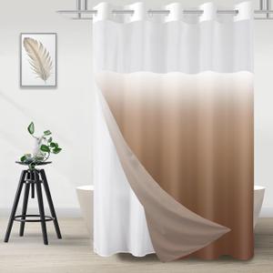 No Hook Shower Curtain with Snap in Liner, Ombre Brown Shower Curtains and Liner Set, Hotel Fabric Bath Curtain for Bathroom, Mesh Top Window Waterproof Washable, 71" x 74"