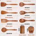 Mooues 9 Piece Natural Teak Wooden Kitchen Utensil Set with Spoon Rest - Comfort Grip Cooking Spoons and Utensils Holder