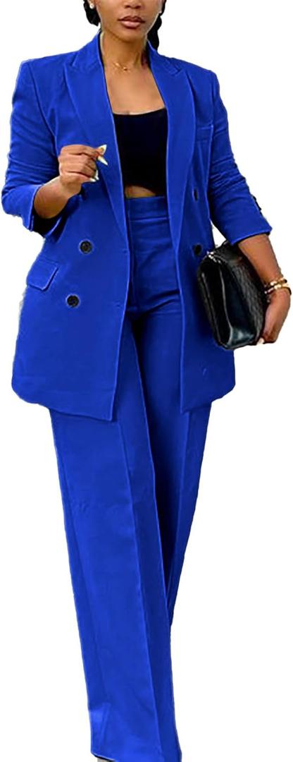 Tcremisa Women's Fashion Pants Suit 2 Piece Business Outfits Casual Double Breasted Blazer and Pant Sets (X-Large, Royal)