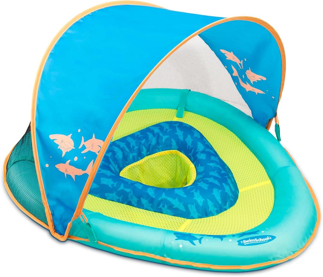 SwimSchool Infant Baby Pool Floats, Free Swimming, Super Buoyant  Ages 6-24 Months  Multiple Colors/Styles  Adjustable Canopies and Seats, Splash & Play Baby Floaties (Blue)
