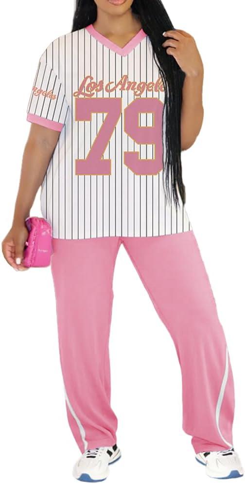 PINSV 2 Piece Sets for Women Summer Casual Outfits Jersey Shirts and High Waisted Pants Sets (Pink, S)