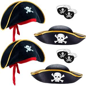 D-Fokes 2 Packs Kids Felt Pirate Hat - Tri Corner Pirate Party Hat - Skull Print Pirate Captain Costume - Party, Birthday, Halloween Accessories with Eye Patch