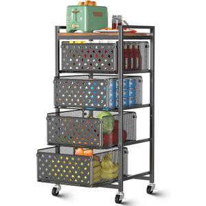 5 Tier Kitchen Storage Cart with Wheels, Utility Fruit Vegetable Storage Rack Stand with Pull-Out Baskets & Wood Top, Metal 4-Drawers Rolling Snack Cart, Kitchen Cart for Potato Onion(Black)