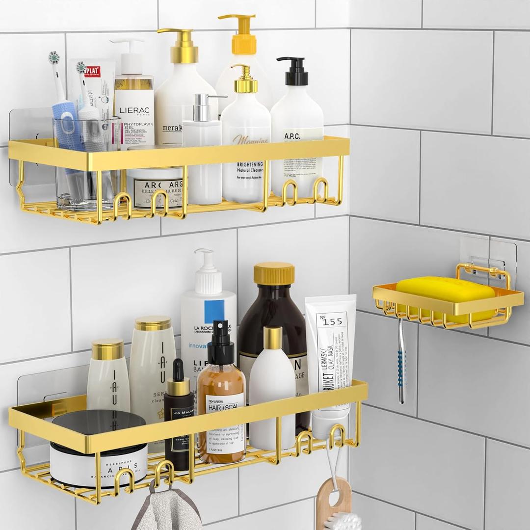 Moforoco 3-Pack Shower Caddy Basket Shelf with Soap Holder, No Drilling Traceless Adhesive Shower Wall Shelves, Rustproof Black Bathroom Shower Storage Organizer (Gold)