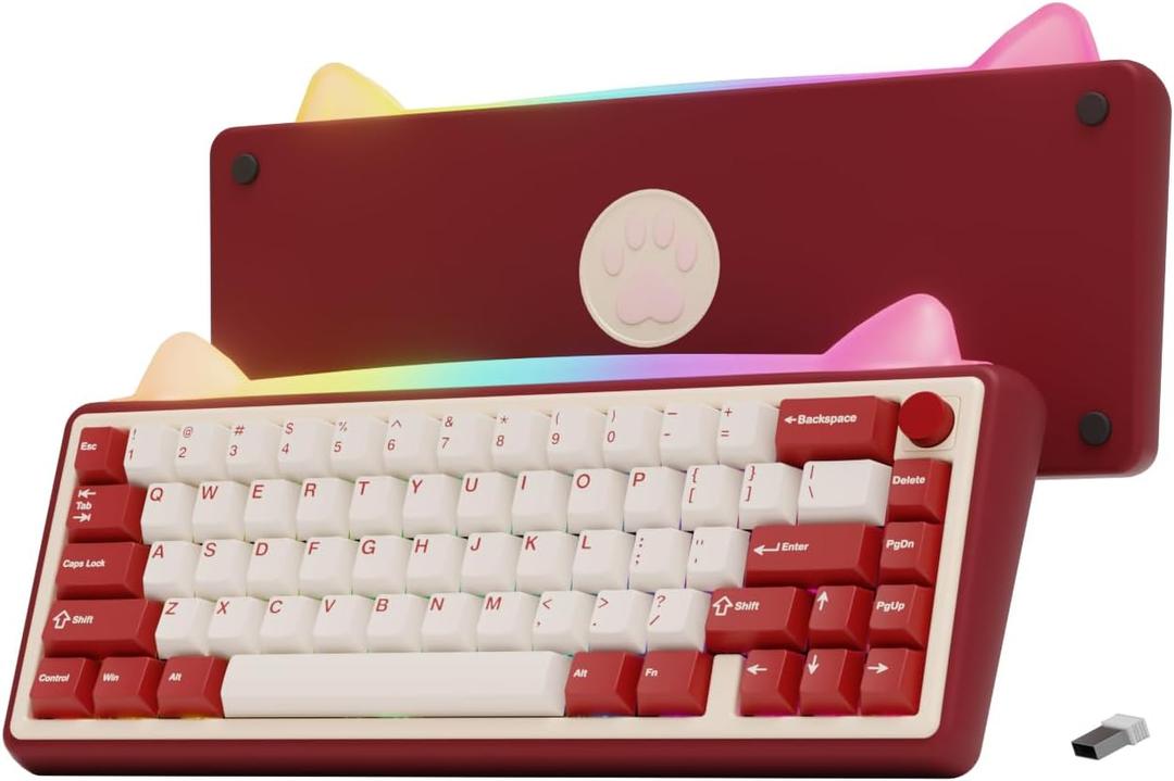 OOCTPK Chilkey Foxy65 Mechanical Keyboard with Knob, Gasket Mount 65% Aluminum Wireless Mechanical Keyboard, BT5.0/2.4GHz/USB-C, Hot Swappable, RGB Backlit Computer Custom Key Board for PC (Pink Lotus Linear Switch, Beige Red)