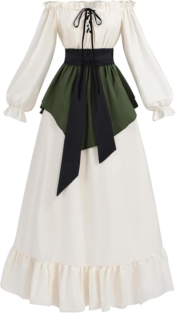Nuoqi Renaissance Dress Women Off Shoulder Medieval Costume Peasant Dress with Waist Sash (X-Large, Off White Green)