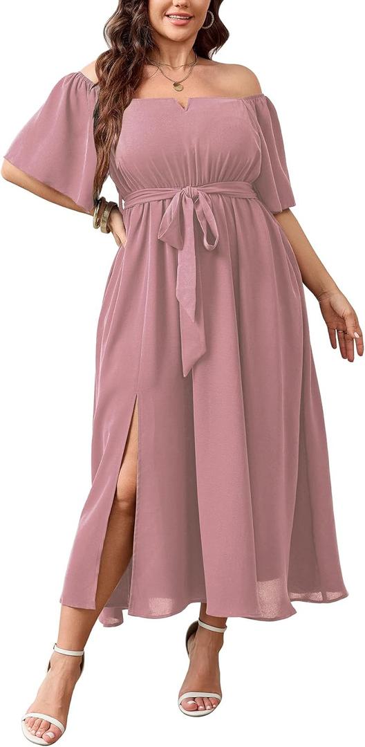 SCOMCHIC Womens Plus Size Formal Dresses Off The Shoulder Wedding Guest Cocktail A-Line Split Maxi Dress with Pockets (Pink)