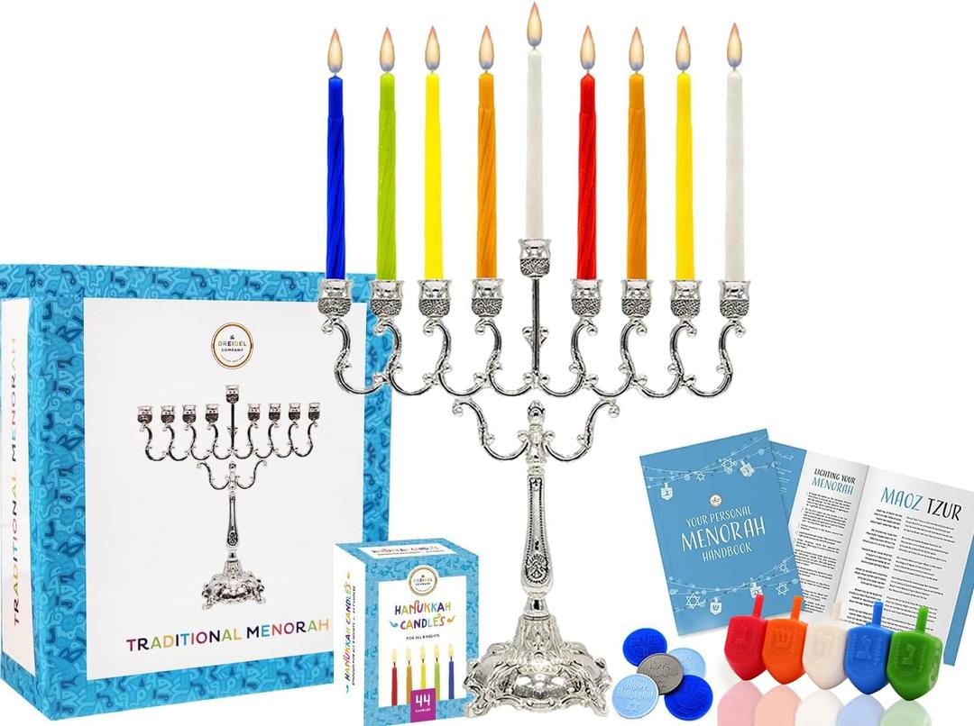 The Dreidel Company Complete Chanukah Menorah Set - Silver-Plated and Classic 45 Multicolored Candles, 5 Plastic Multicolored Dreidels & Hanukkah Play Coins, Hanukkah Booklet, Instructions Game Card