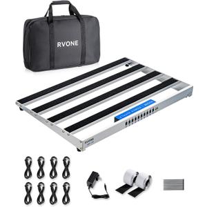 Guitar Pedal Board with Built-in Power Supply, Large 19.09x12.16" Aluminum Alloy Portable Pedalboard with Bag, Pedal Cables, Hook&Loop RBP-350